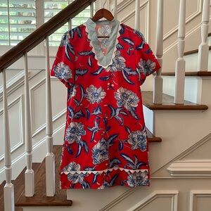 Chinoiserie red floral dress with ric-rac details
